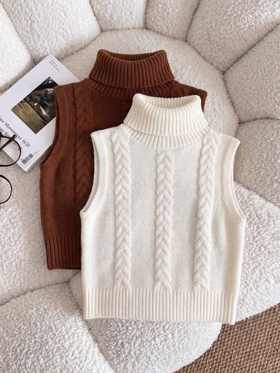 SHEIN Baju Rajut Tanpa Lengan Model Turtleneck untuk Remaja Perempuan (2 Potong), Sweater Rajut untuk Musim Gugur/Dingin