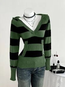 Elamini Women's Versatile Colorblock Striped Hoodie Sweater - Multicolor - View 4