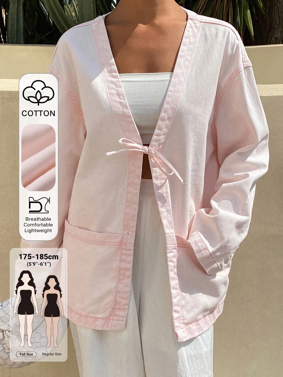Livesso Tall Jaket Wanita Model Liburan Warna Pink dengan Kerah V dan Lengan Panjang Longgar untuk Musim Gugur - Berwarna merah muda - View 1