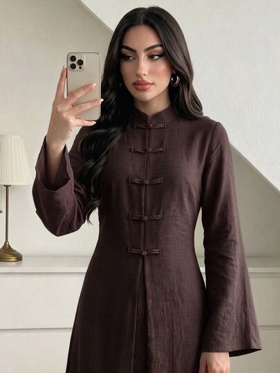 Elenzga 2pcs/Set Mantel Panjang Lengan Panjang Kancing Katak Warna Kopi Bahan Linen Imitasi & Rok Panjang Lurus, Pakaian Kasual Elegan Bergaya Vintage untuk Sehari-hari, Ukuran Standar
