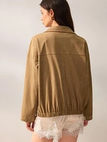 Willow Rêve Women's Camel Loose Suede Jacket, Zip Front, Collared Neck, Elastic Hem, Solid Color, Vintage Western Boho Casual Autumn Travel, Elegant Everyday - Khaki - View 2