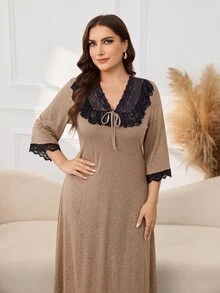 Lacomfia Gaun Wanita Ukuran Besar dengan Detail Renda Kontras di Bagian Depan dan Lengan 3/4 yang Diikat - Kuning - View 6