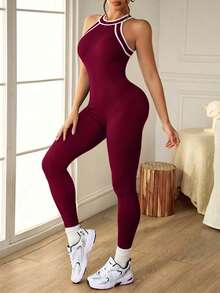 SHEIN Dewbera 女款掛脖修身運動連身褲 - 酒紅色 - 查看 5