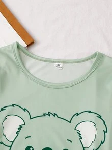 SHEIN Tween女孩可愛灰色無尾熊印花圓領長袖上衣＋長褲休閒居家服睡衣，秋季家庭套裝 - 綠色 - 查看 5