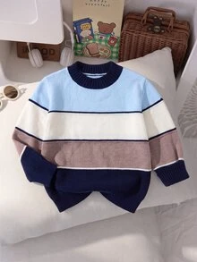 SHEIN 男童 (小號) 針織毛衣，多色拼接，舒適保暖，秋冬返校季，萬聖節，百搭休閒男童毛衣 - 彩色 - 查看 1