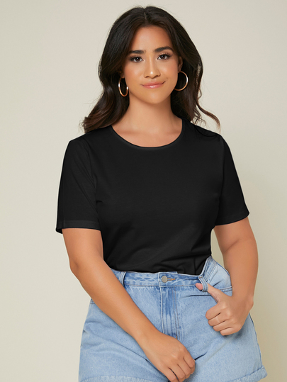 Rosumi Plus Solid Round Neck Tee Summer Tops