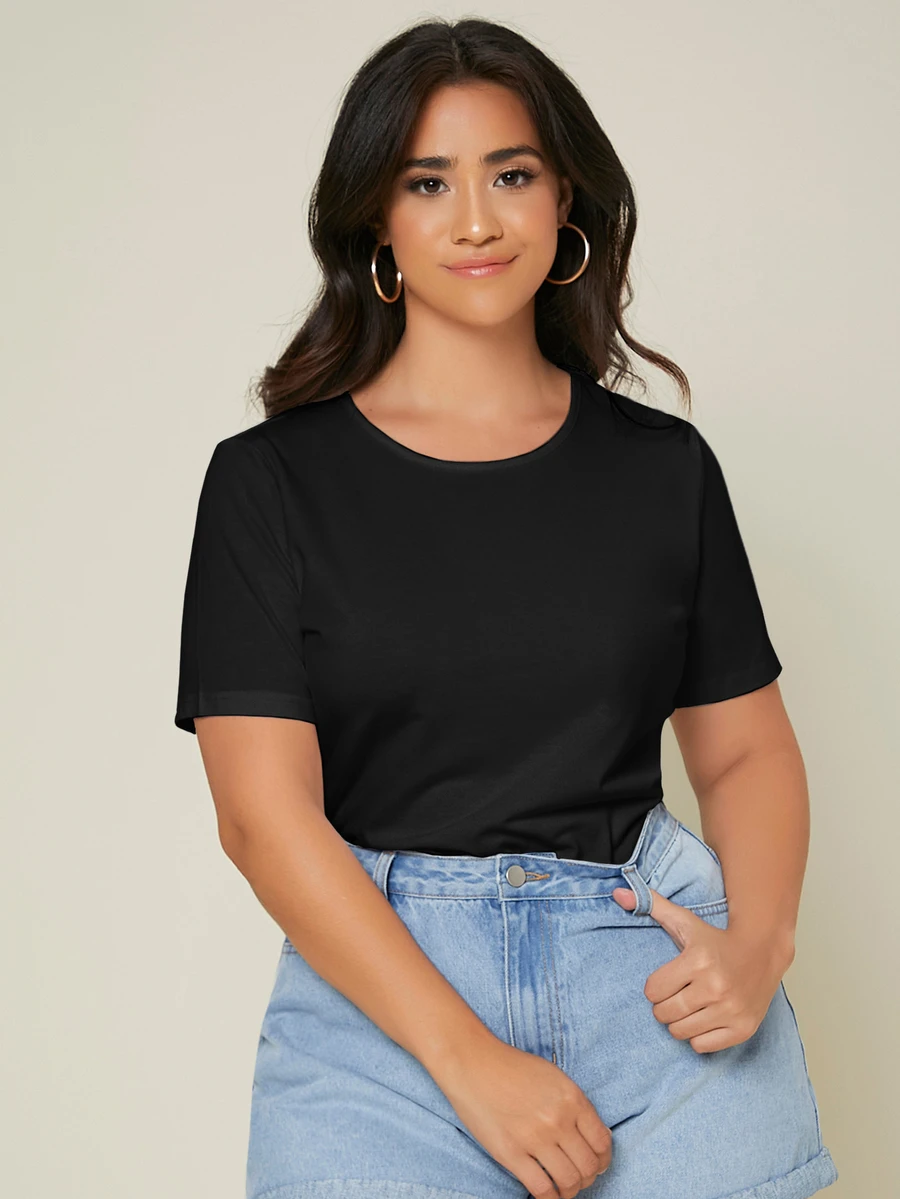 SHEIN BASICS 大尺碼純色圓領T恤夏季上衣 - 黑色 - 查看 1