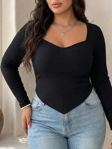 Dazy Plus Plus Size Women Sweetheart Neckline Solid Color Elegant Fitted Versatile Korean Style T-Shirt - Black - View 6