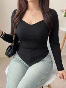 Dazy Plus Plus Size Women Sweetheart Neckline Solid Color Elegant Fitted Versatile Korean Style T-Shirt - Black - View 4
