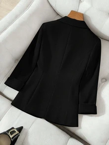 GlowEve CURVE Plus Size Women's Summer Smart Casual Long Sleeve Blazer, Lapel Design, Black Button Style, Office Formal, Business Meetings, Solid Color - Black - View 2