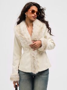 Aloruh Women's Autumn/Winter Fashion Fuzzy Patchwork Regular Coat - Beige - View 9