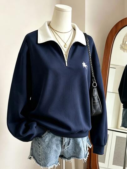 Sweat-shirt à demi-zip à motif minimaliste, convient aux filles de 4 à 7 ans en automne/hiver, style décontracté quotidien