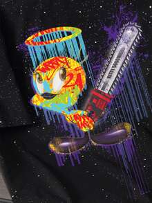 LOONEY TUNES X SHEIN Manfinity Joysei 男士時尚卡通圖案印花圓領短袖T恤 - 黑色 - 查看 2