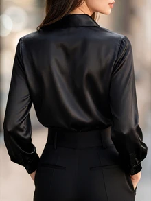 Balvessa Women's Black Shirt Collar Long Sleeve Loose Blouse, Woven Satin Fabric, Vertical Rhinestone Decor Button Front, Suitable For Daily Commute, Gathering, Party, Office Wear, Spring And Autumn Long Sleeve Shirt - Black - View 2