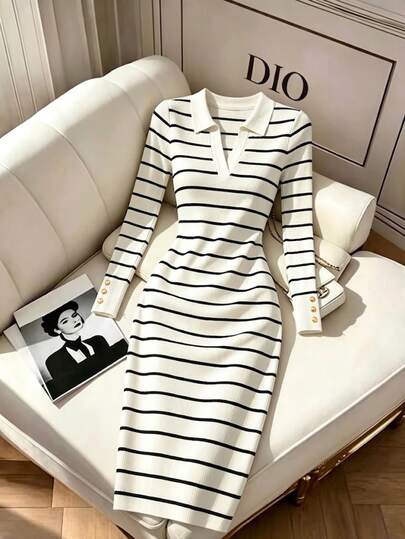 Franclia Gaun Sweater Rajut Wanita Model Baru Musim Gugur/Dingin, Kerah Polo, Bergaris, Potongan Ramping, Lengan Panjang, Dekorasi Kancing Logam, Sederhana, Modis, Serbaguna, Untuk Perjalanan Sehari-hari, Elegan Klasik, Gaya Santai Prancis