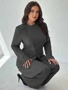 SHEIN Tall CURVE Conjunto de Blazer y Pantalones de Moda para Talla Grande de Estilo Ejecutivo - Gris Oscuro - Ver 7