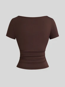 Sweetra Women's Autumn/Winter Brown Ribbed Knit Metal Starfish Decor Twisted Short Sleeve Slim Fit Top + Straight Leg Pants 2-Piece Set, Casual Cute Versatile For Outings, Dates And Daily Wear - Brown - View 5