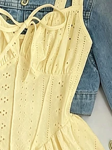 Franclia 女款黑色百搭修身紋理鏤空細肩帶洋裝 - 鵝黃色 - 查看 3