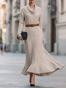 SHEIN Franclia Gaun Rajut Elegan Lengan Panjang Leher Tinggi untuk Wanita - Aprikot - View 3