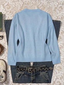 TOM & JERRY X SHEIN SHEIN EZwear 女款卡通圖案藍色寬鬆舒適休閒簡約百搭毛衣，適合外出、街頭穿搭、機場造型 - 藍色 - 查看 2
