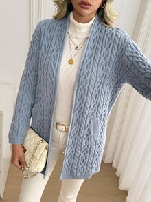 Sprig & Strand Women's Vintage V-Neck Cable Knit Solid Color Cardigan - Blue - View 4