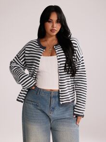 Rustia Sweater Kardigan Tipis Lengan Panjang Kancing Motif Garis Kontras Young Street Y2K Ukuran Plus untuk Wanita, Musim Gugur/Dingin - Hitam dan Putih - View 3