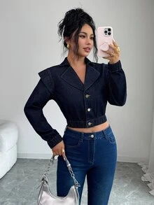 Elenzga Damers mode street kort denimtopp med knappar - Blå - Visa 3