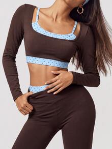 SHEIN BAE Women Brown Cross Back Open Back Long Sleeve T-Shirt Gym Workout Training Running Yoga Athletic Activewear - Coffee Brown - View 3