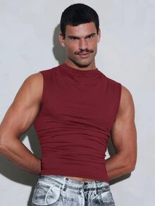 FeverCity Men's Solid Color Pleated Slim Fit Casual Versatile Tank Top - Red - View 1