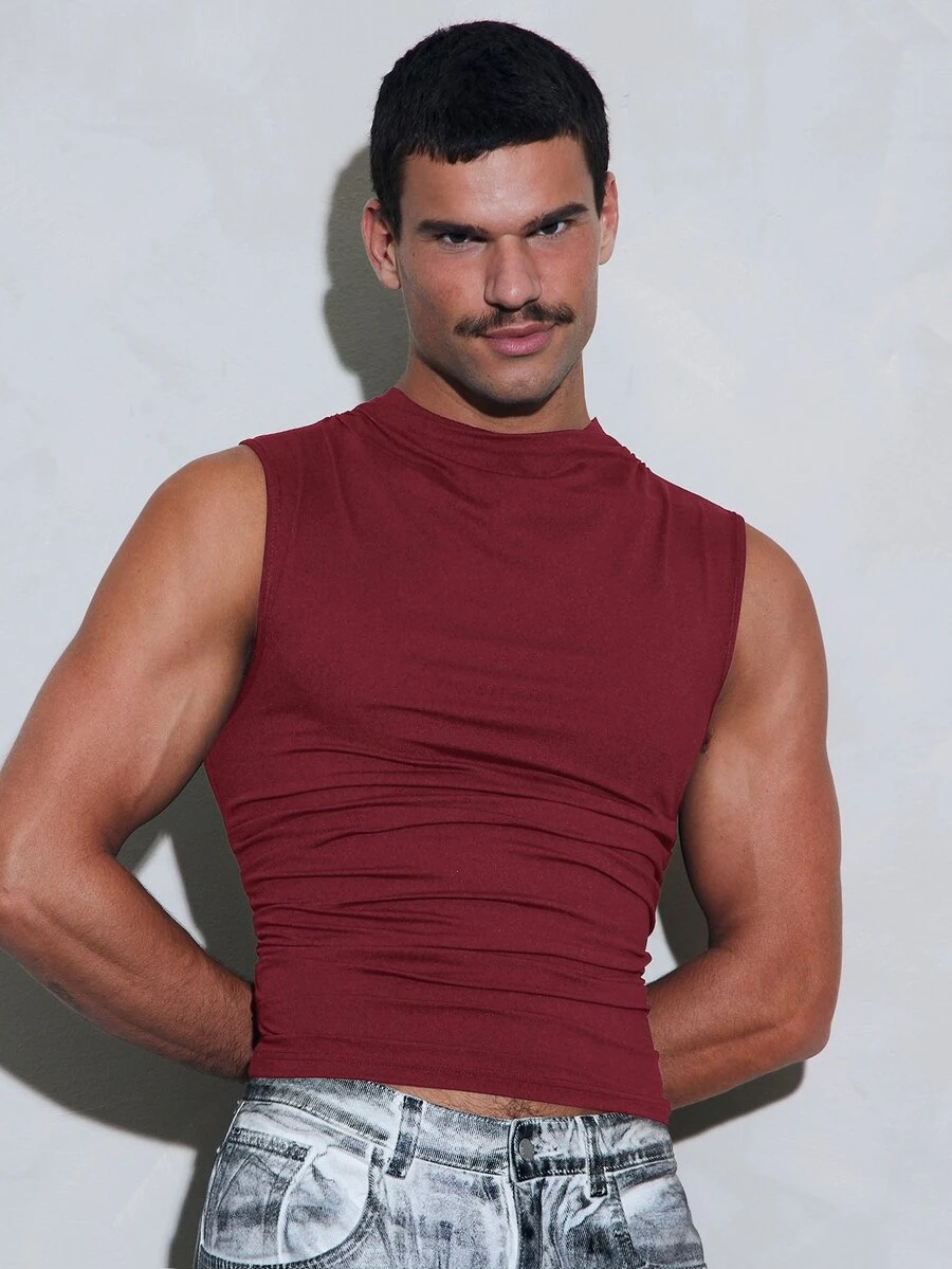 FeverCity Men's Solid Color Pleated Slim Fit Casual Versatile Tank Top - Red - View 1