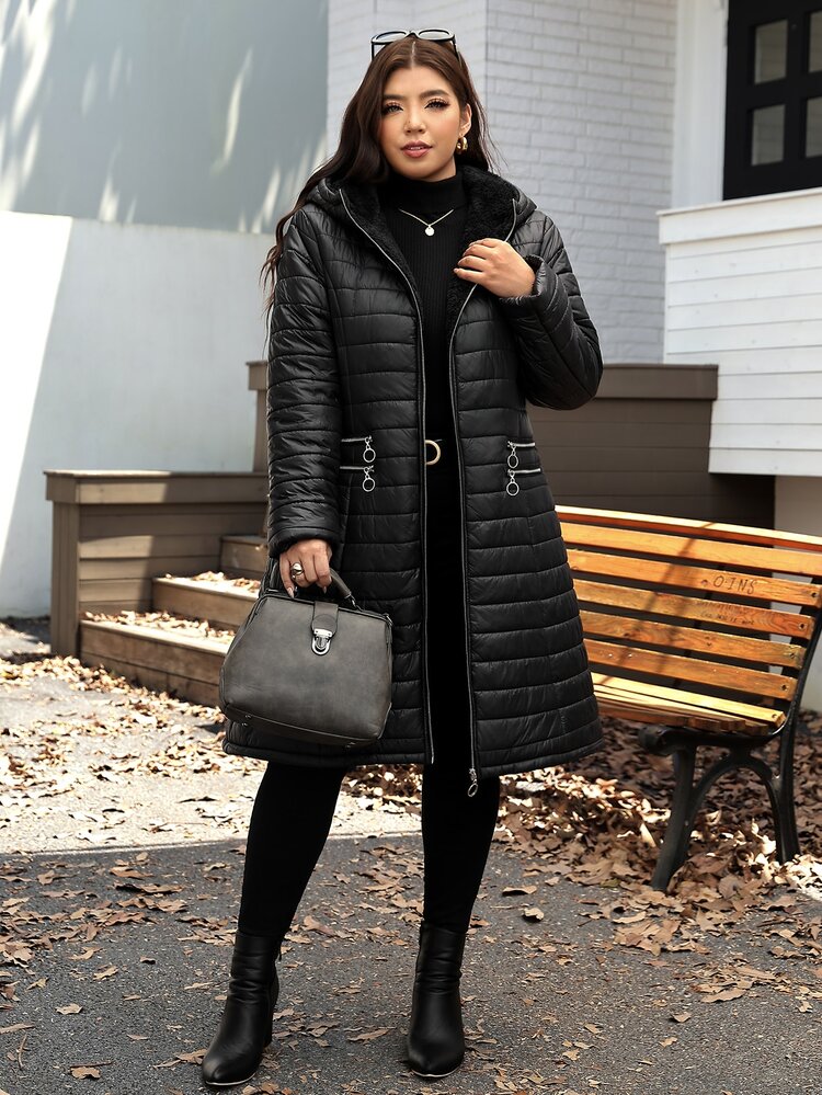 Comfylo Plus Size Women's Solid Color Long Sleeve Zip-Up Hooded Winter Jacket - Black - View 6