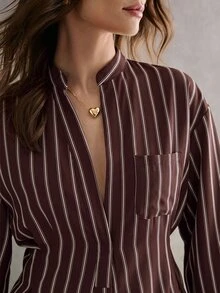 Poéselle 女款條紋長袖口袋設計休閒襯衫 - 棕色 - 查看 6