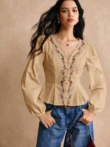 Poéselle 女款蕾絲拼接花卉刺繡圖案休閒日常穿著襯衫 - 卡其色 - 查看 5