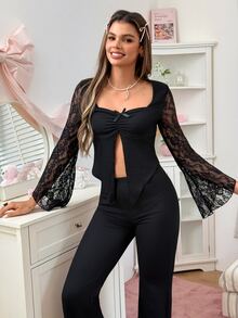 SweetSlumber Sweet & Cute Knit Jacquard Long Sleeve & Long Pants Women's Pajama Set, Wearable - Black - View 5