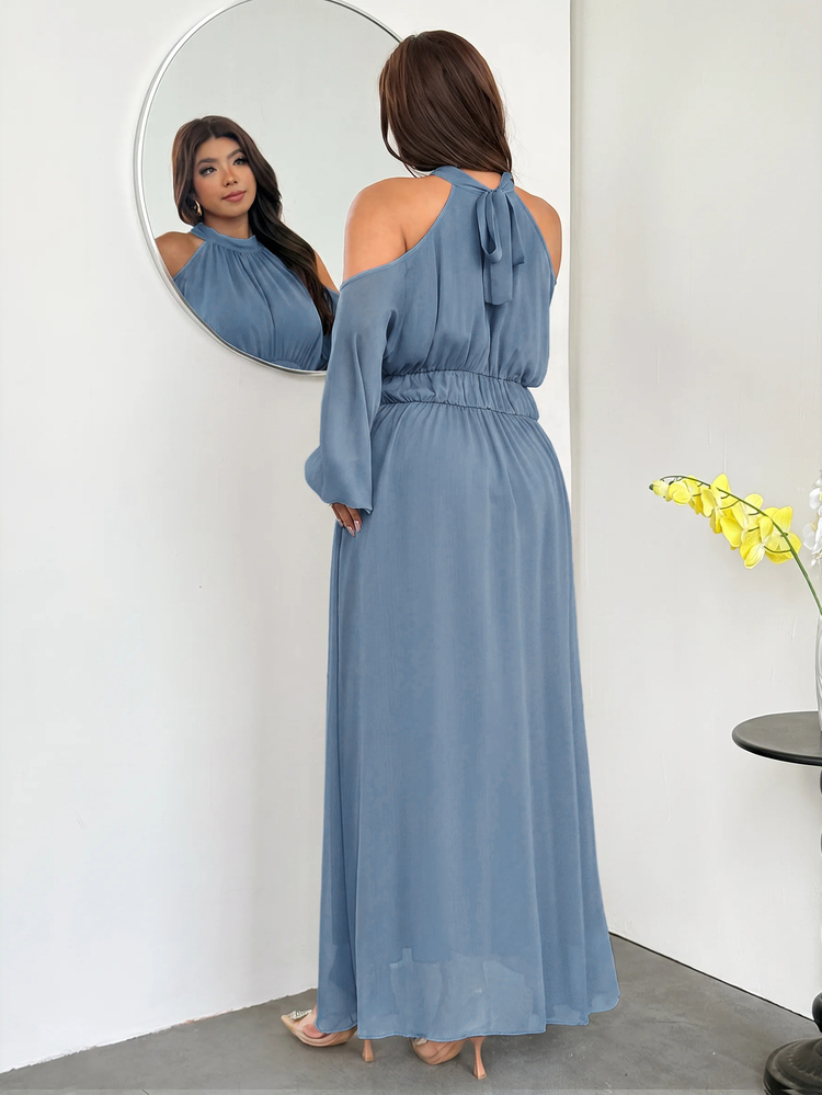 Firerie Plus Size Elegant Party Solid Color Cold-Shoulder Halter Neck Dress - Blue - View 2
