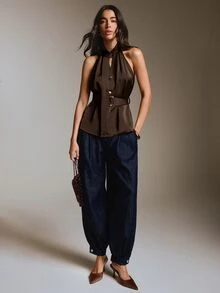 COSMINA Women's Solid Color Single-Breasted Fashion Halter Neck Tank Top - Coffee Brown - View 3