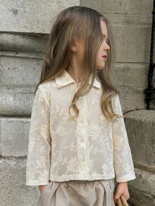 Dazy Kids 女童（小號）領口短袖紋理鏤空設計T恤 - 米色 - 查看 5