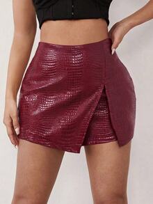 SHEIN SXY 女款仿鱷魚紋側開衩下擺時尚裙褲 - 酒紅色 - 查看 3