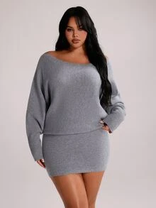Rustia Plus Size Off Shoulder Batwing Sleeve Knit Mini Dress, Loose Soft Curve-Hugging Melanin Baddie Fall Winter Daily Essential Outfit - Grey - View 7
