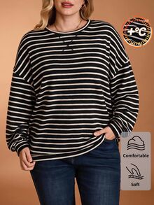 SHEIN BASICS Plus Size Casual Striped Sweatshirt, Autumn/Winter - Black and White - View 2
