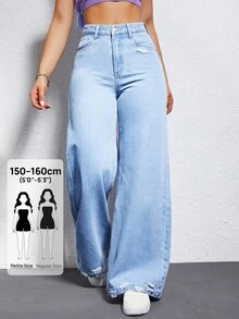 Jeanoix Petite Celana Panjang Wanita Gaya Y2K untuk Aktivitas Luar Ruangan, Model Petite, Warna Biru, Potongan Lebar, Cocok untuk Semua Musim, dengan Detail Usang dan Potongan Rapi. - Light Wash - View 1