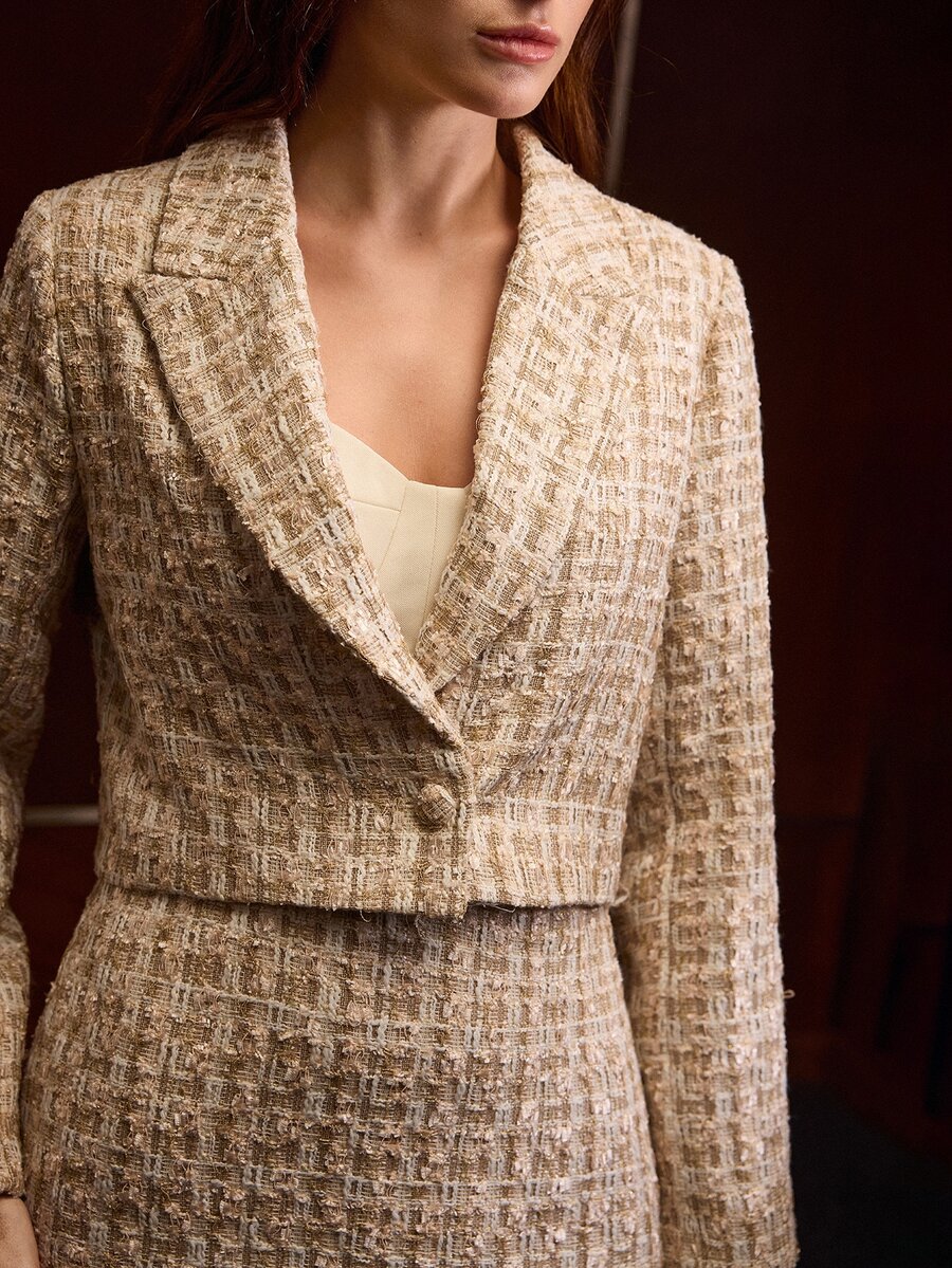 MOTF PREMIUM WOMEN'S TWEED LAPEL COLLAR CROPPED JACKET - Apricot - View 1
