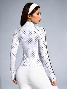 SHEIN Sovereign Charm 女款波點撞色休閒日常運動夾克 - 黑與白 - 查看 2