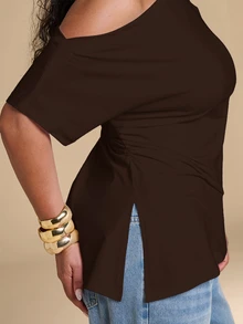 SHEIN BAE CURVE 大尺碼女款純色休閒百搭日常穿著上衣 - 摩卡棕 - 查看 8