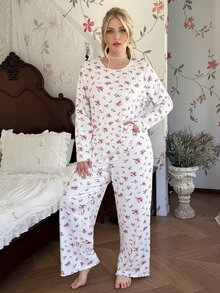 CottageSlumber Super Soft Ribbed Plus Size Women's Pajama Set Casual Ditsy Floral Loungewear - White - View 3