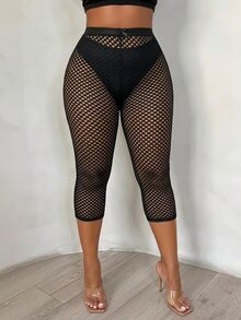 SHEIN SXY 大尺碼女款素色鏤空休閒百搭日常穿著緊身內搭褲 - 黑色 - 查看 5
