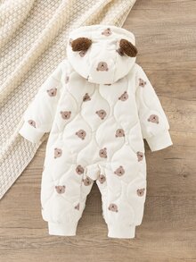 SHEIN 1 buah Baju Terusan Bayi Perempuan Musim Dingin 2025 Motif Patchwork Awan Baru Berlapisan Termal Berkerudung Depan Terbuka Selangkangan Terbuka Lengan Panjang Manset dan Hem Bergaris Modis Lucu Tebal - MultiWarna - View 3