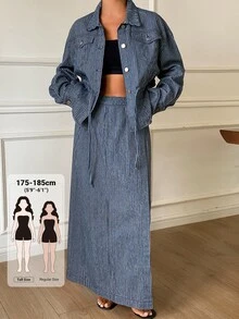 Livesso Tall 女款藍白條紋寬鬆夾克與裙子休閒兩件式牛仔套裝，適合日常秋季穿著 - 中等水洗藍 - 查看 1