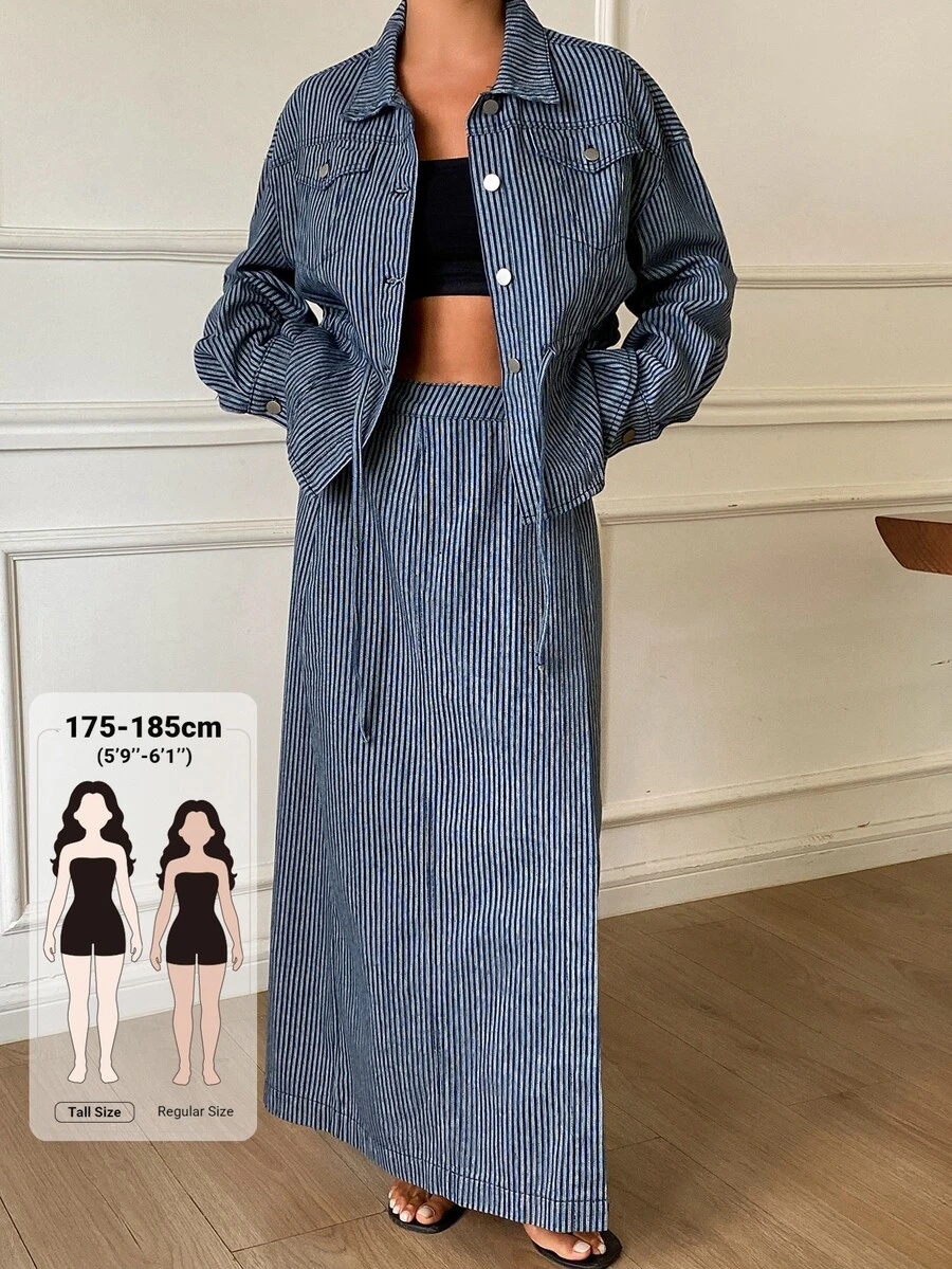 Livesso Tall 女款藍白條紋寬鬆夾克與裙子休閒兩件式牛仔套裝,適合日常秋季穿著 - 中等水洗藍 - 查看 1