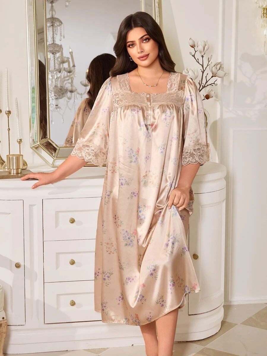 MuseNap CURVE Collar Button Lace Trim Patchwork Elegant Floral Print Faux Silk Plus Size Nightgown - Multicolor - View 1